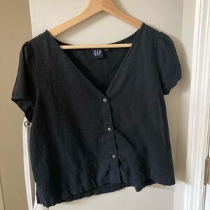 Black linen button top